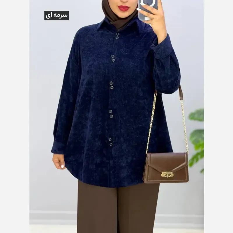 شومیز مخمل کبریتی دکمه دوبل فری سایز بزرگ مناسب سایز 44 تا 54
