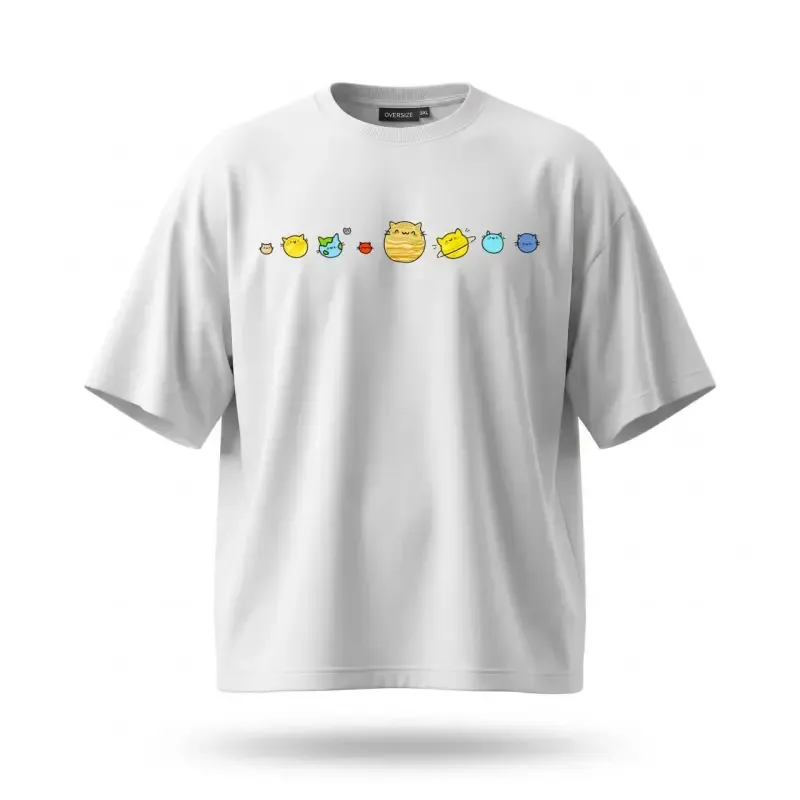 تیشرت سفید طرح کهکشان راه گربه ای جنس پارچه ماکان