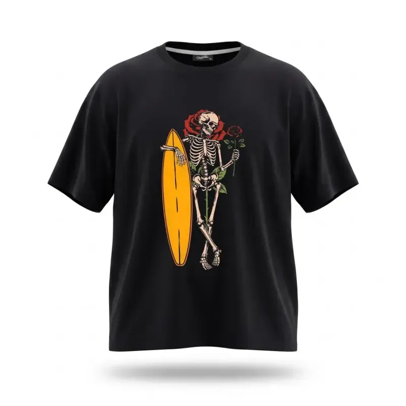 تیشرت مشکی طرح اسکلت و رز پارچه ماکان