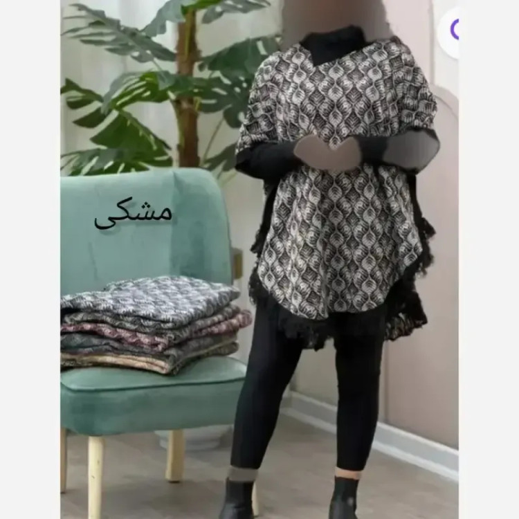 پانچ بافت طرح برگی پالتو آستین کشبافت فری سایز