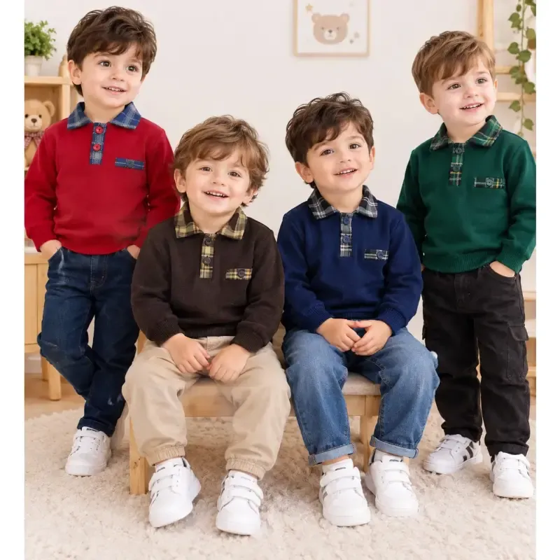 بلوز گپ یقه چهارخونه پسرانه بافت مجلسی سایز 2 تا 4 سال