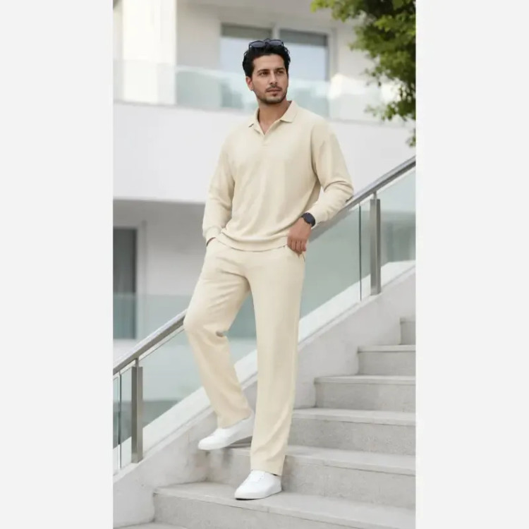 ست تیشرت یقه کوبایی و شلوار مردانه جنس کبریتی فتیله ای فری سایز رنگ بندی متنوع
